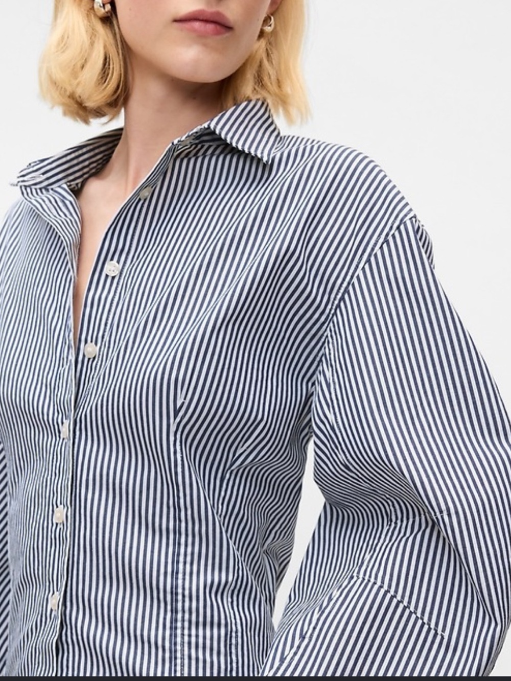 Gap Women's Organic Cotton Poplin Barrel Sleeve Crop Shirt Navy Stripe Size NEW